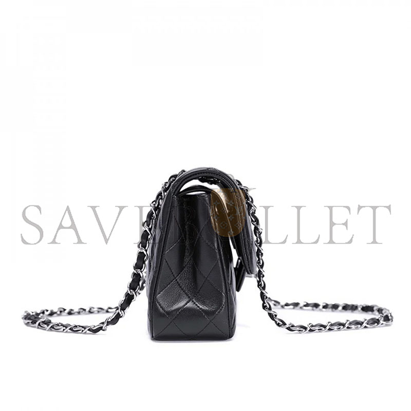 CHANEL MASTER SMALL CLASSIC DOUBLE FLAP BLACK LAMBSKIN SILVER HARDWARE A01113 (23*14.5*6cm)